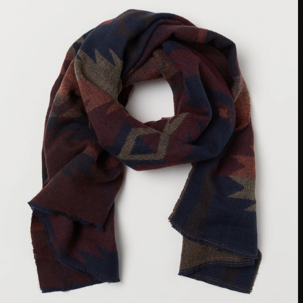 Aztec Tribal Men's Patterned Scarf Dark Navy Red Thick Blanket Shawl Multicolor